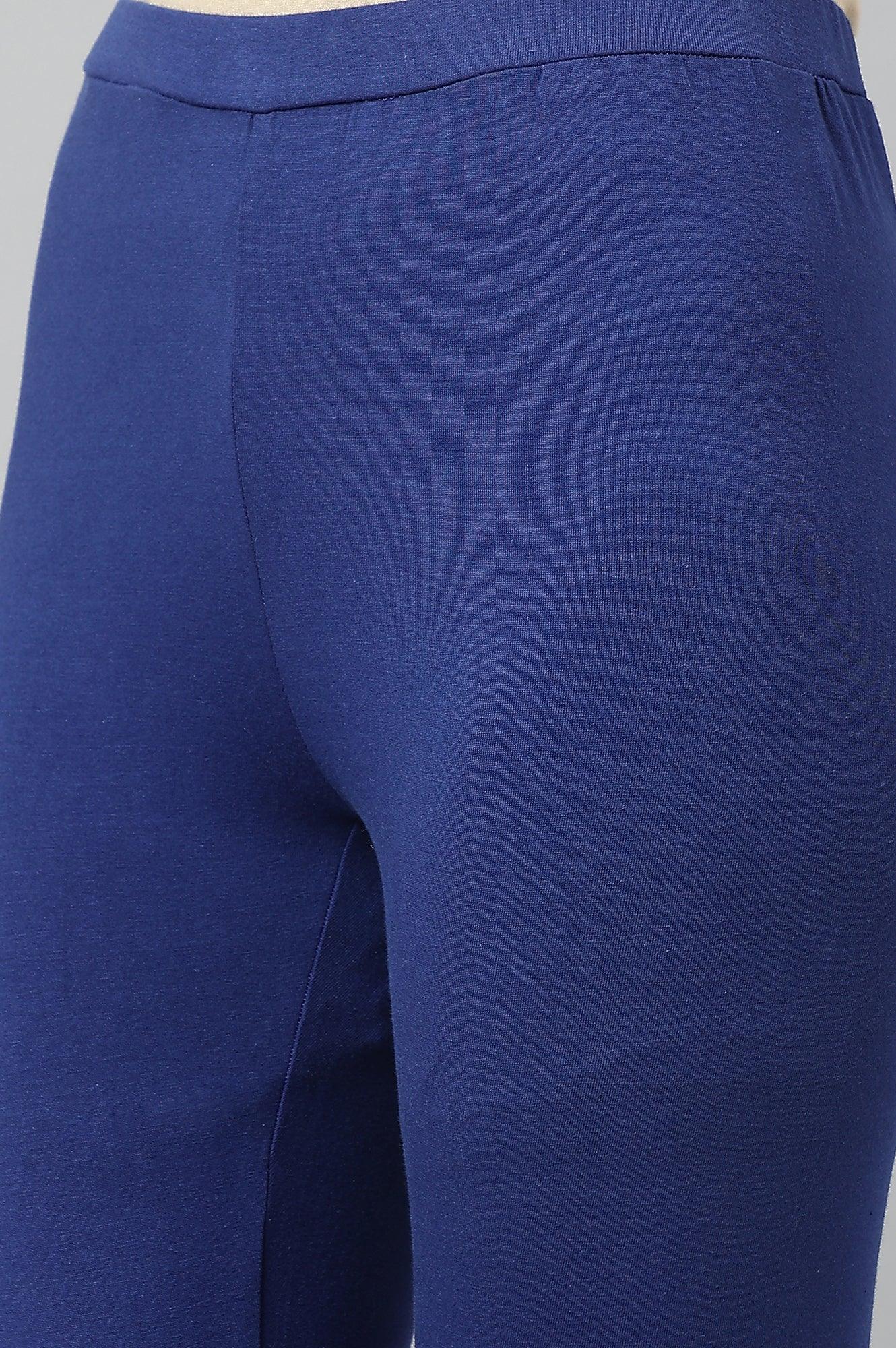 Navy Blue Printed Draped A-Line kurta With Tights - wforwoman