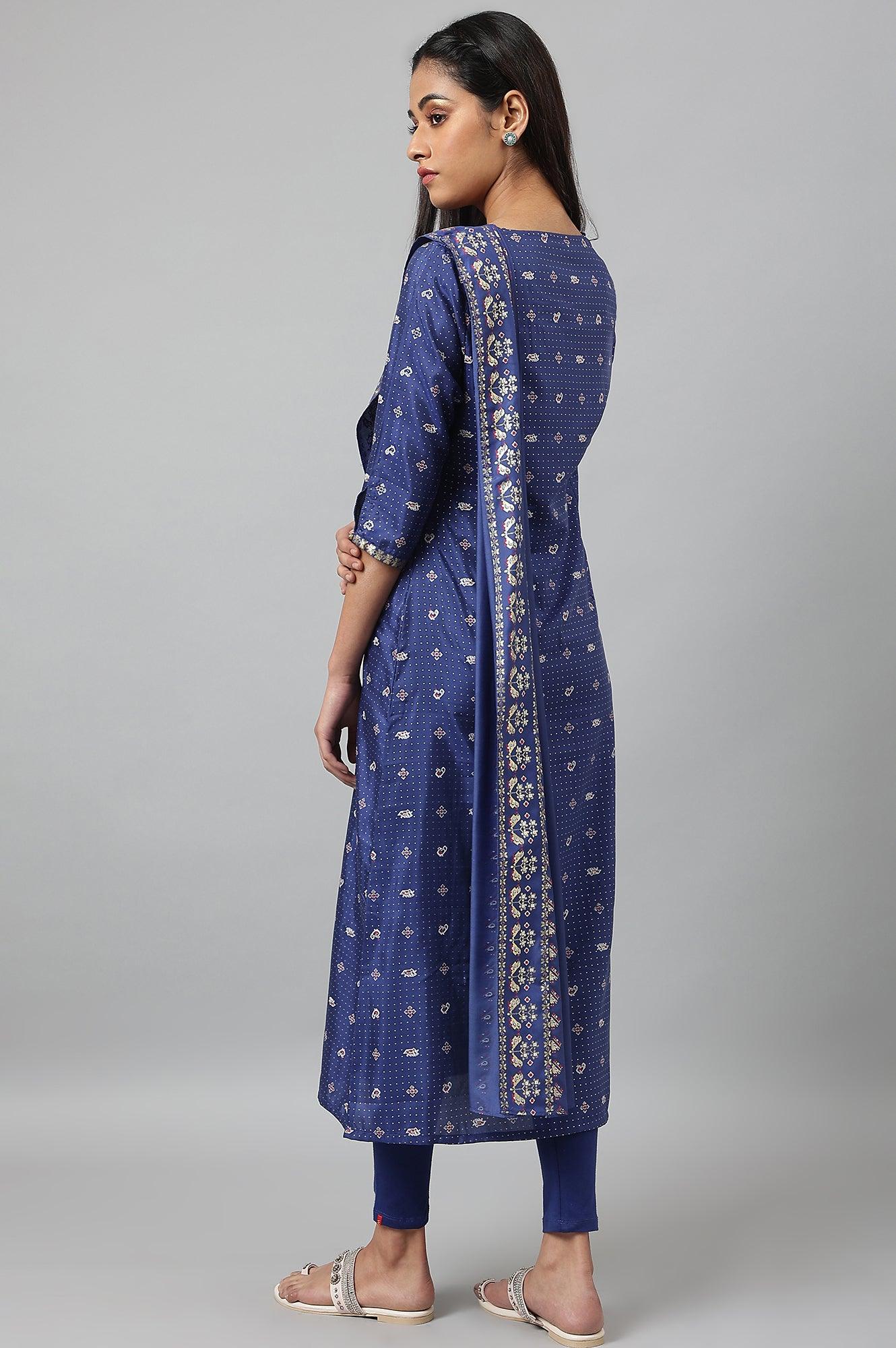Navy Blue Printed Draped A-Line kurta With Tights - wforwoman