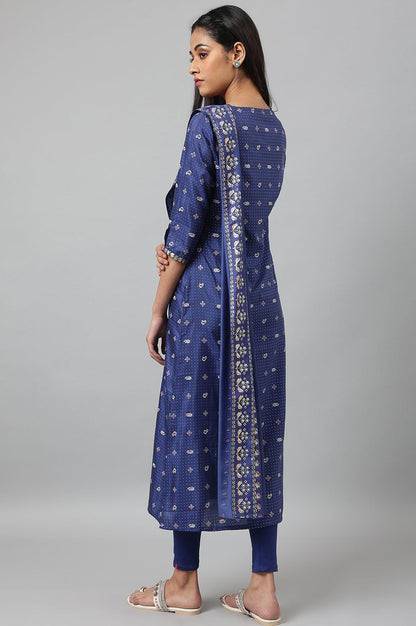 Navy Blue Printed Draped A-Line kurta With Tights - wforwoman