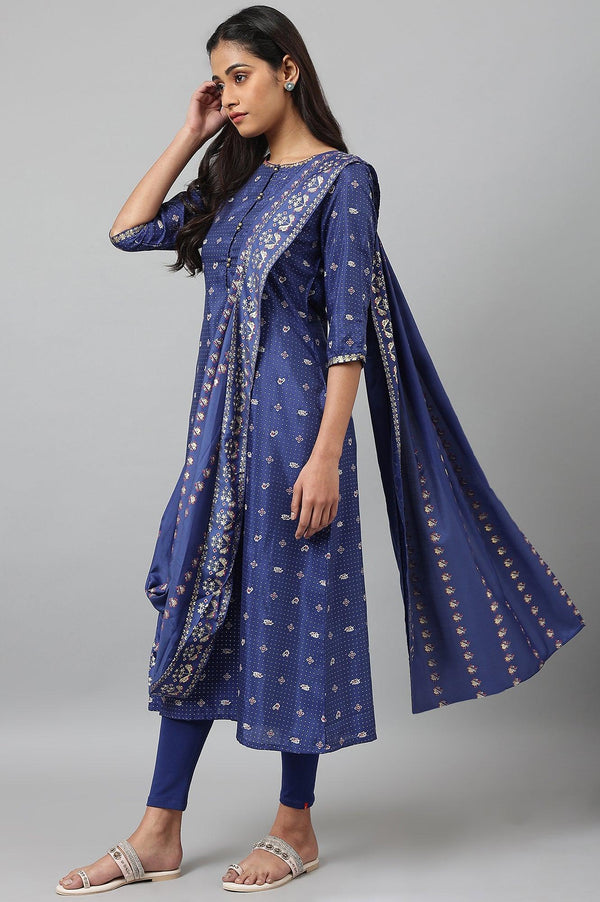 Navy Blue Printed Draped A-Line kurta With Tights