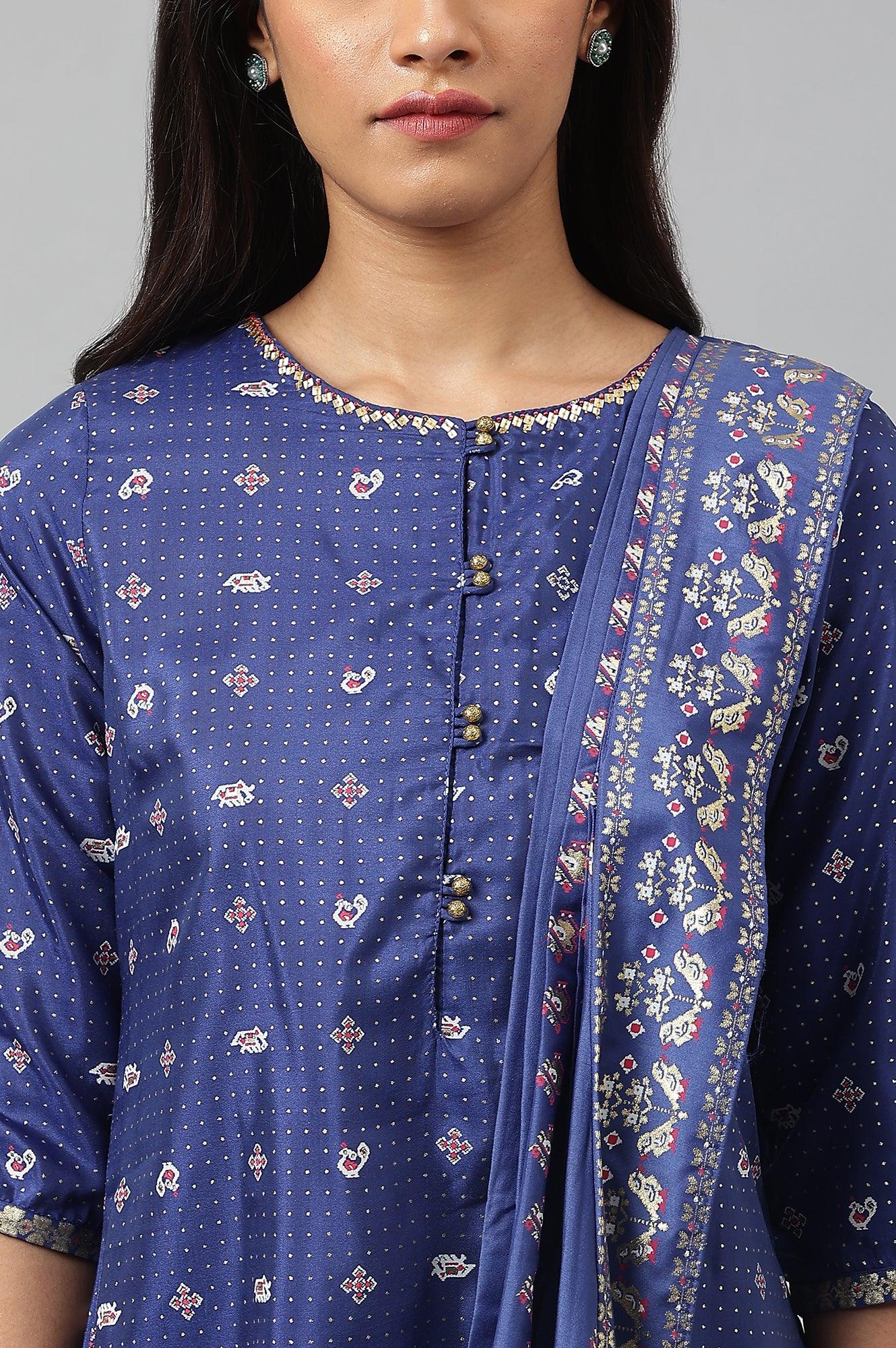 Navy Blue Printed Draped A-Line kurta With Tights - wforwoman