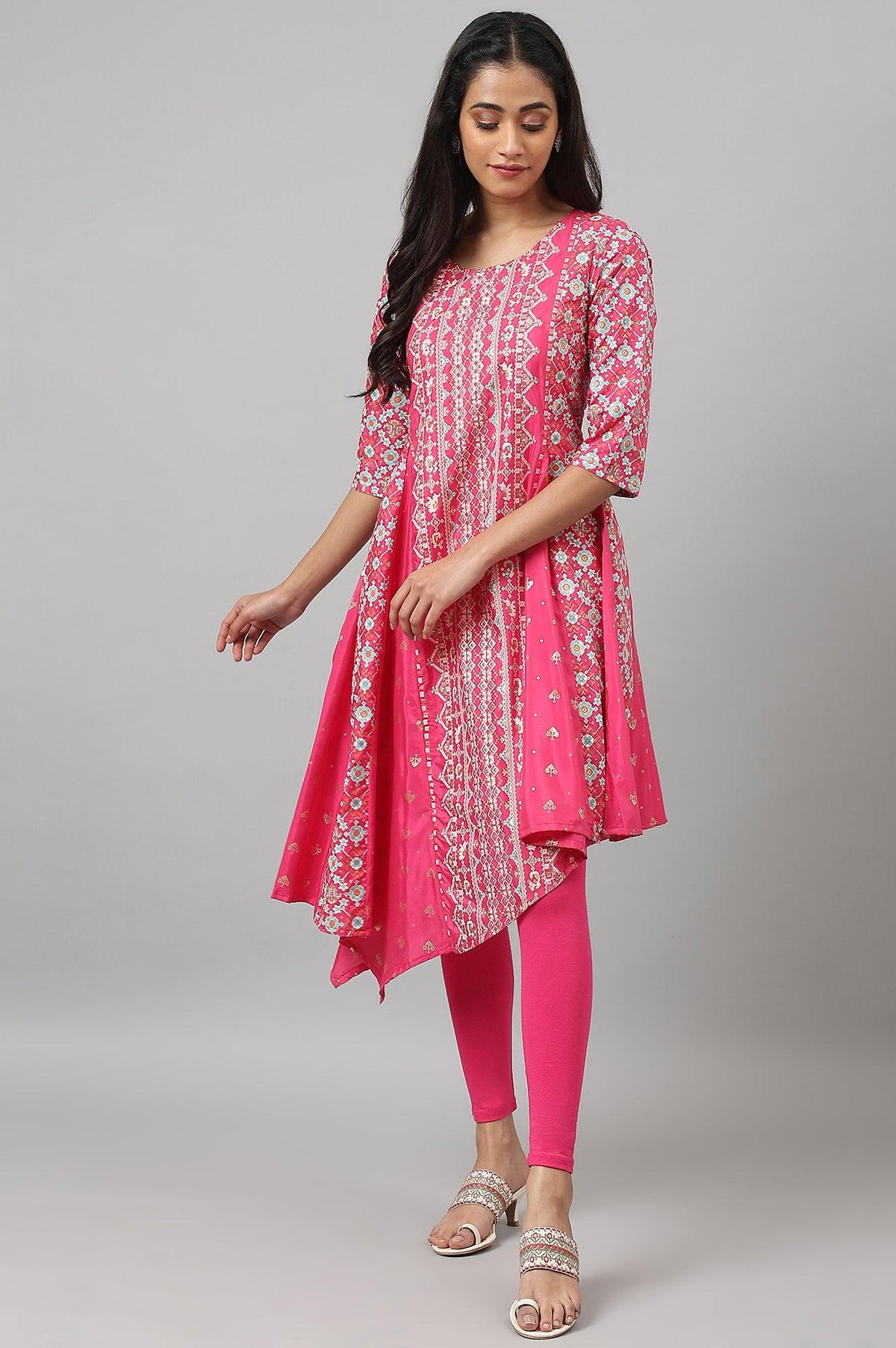Dark Pink Asymmetrical Hemline kurta With Tights - XS