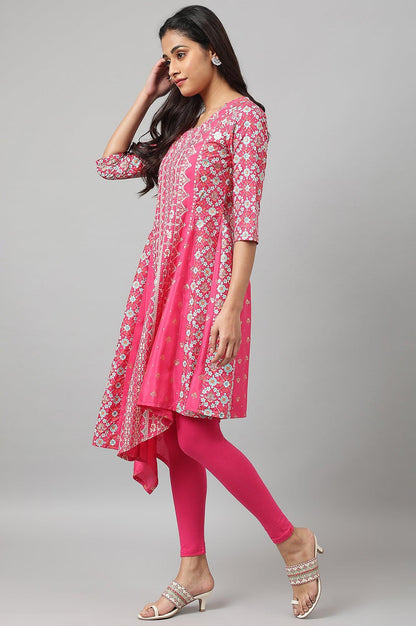 Dark Pink Asymmetrical Hemline kurta With Tights - wforwoman