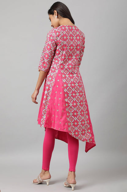 Dark Pink Asymmetrical Hemline kurta With Tights - wforwoman