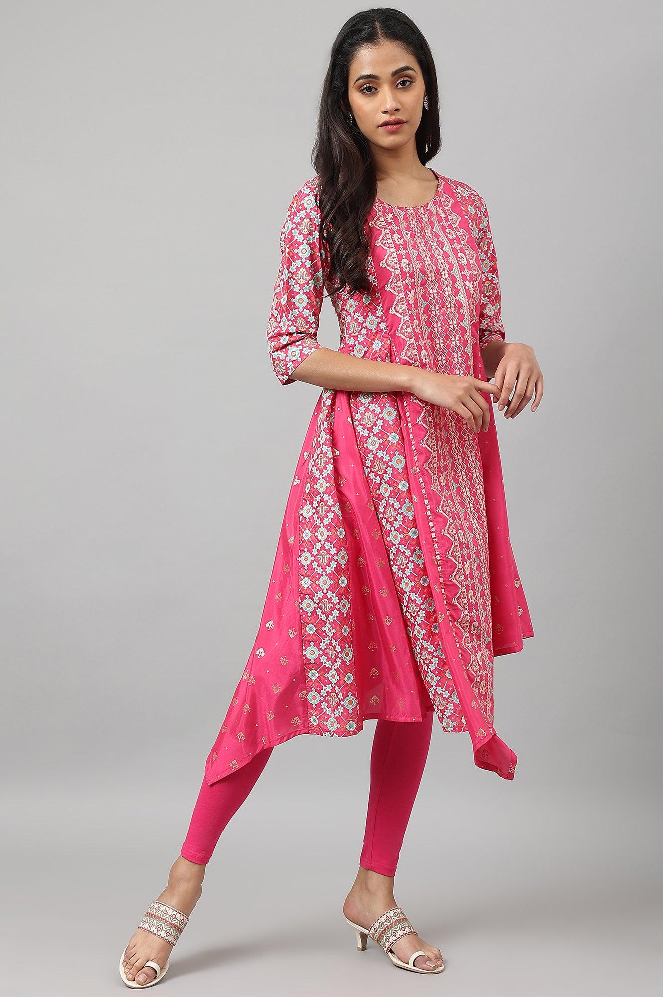 Dark Pink Asymmetrical Hemline kurta With Tights - wforwoman