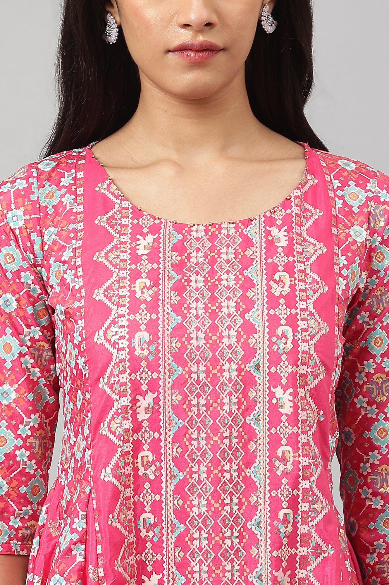 Dark Pink Asymmetrical Hemline kurta With Tights - wforwoman