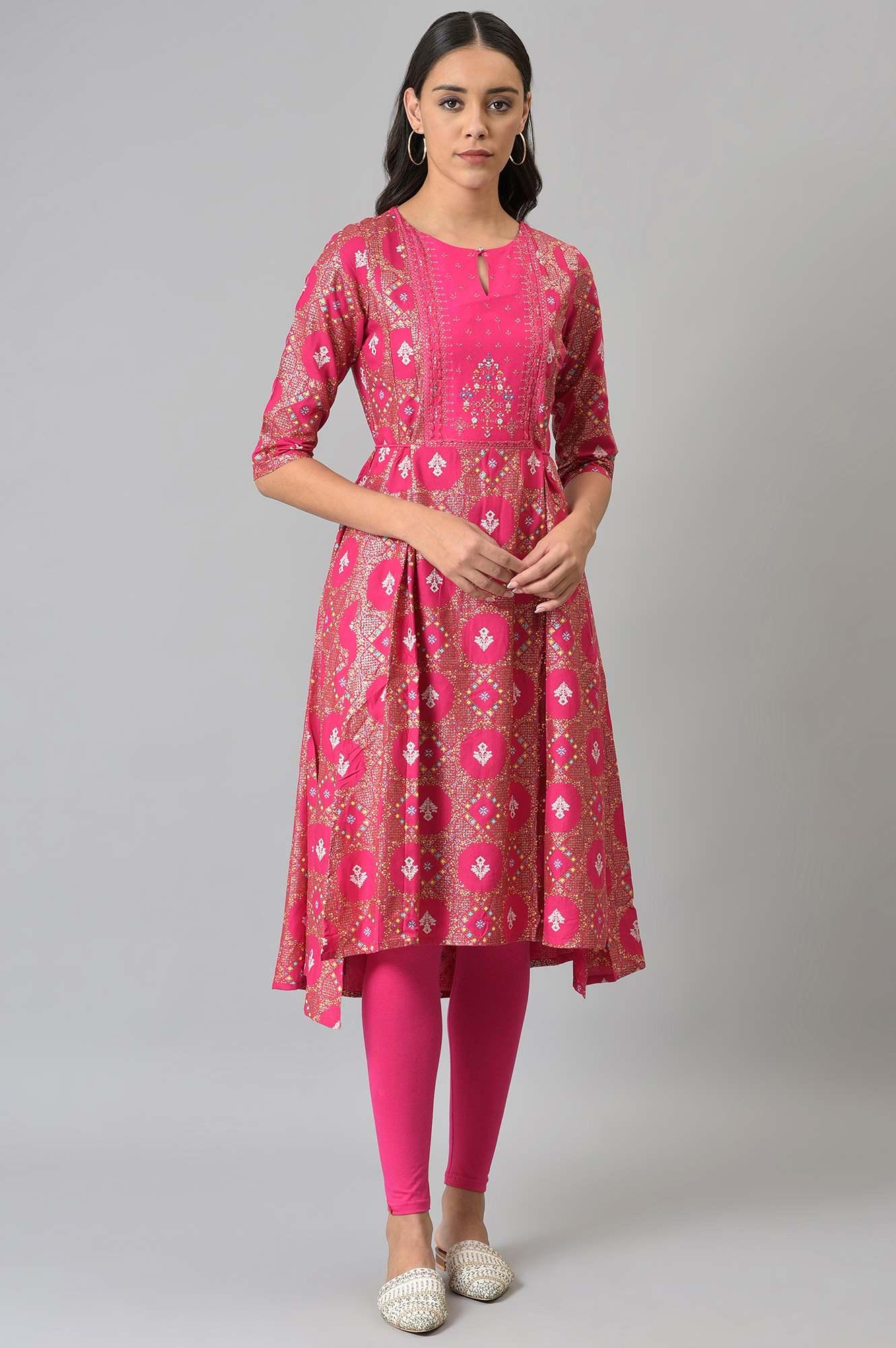 Dark Pink Printed Round Neck kurta With Tights - wforwoman