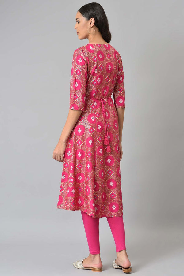 Dark Pink Printed Round Neck kurta With Tights