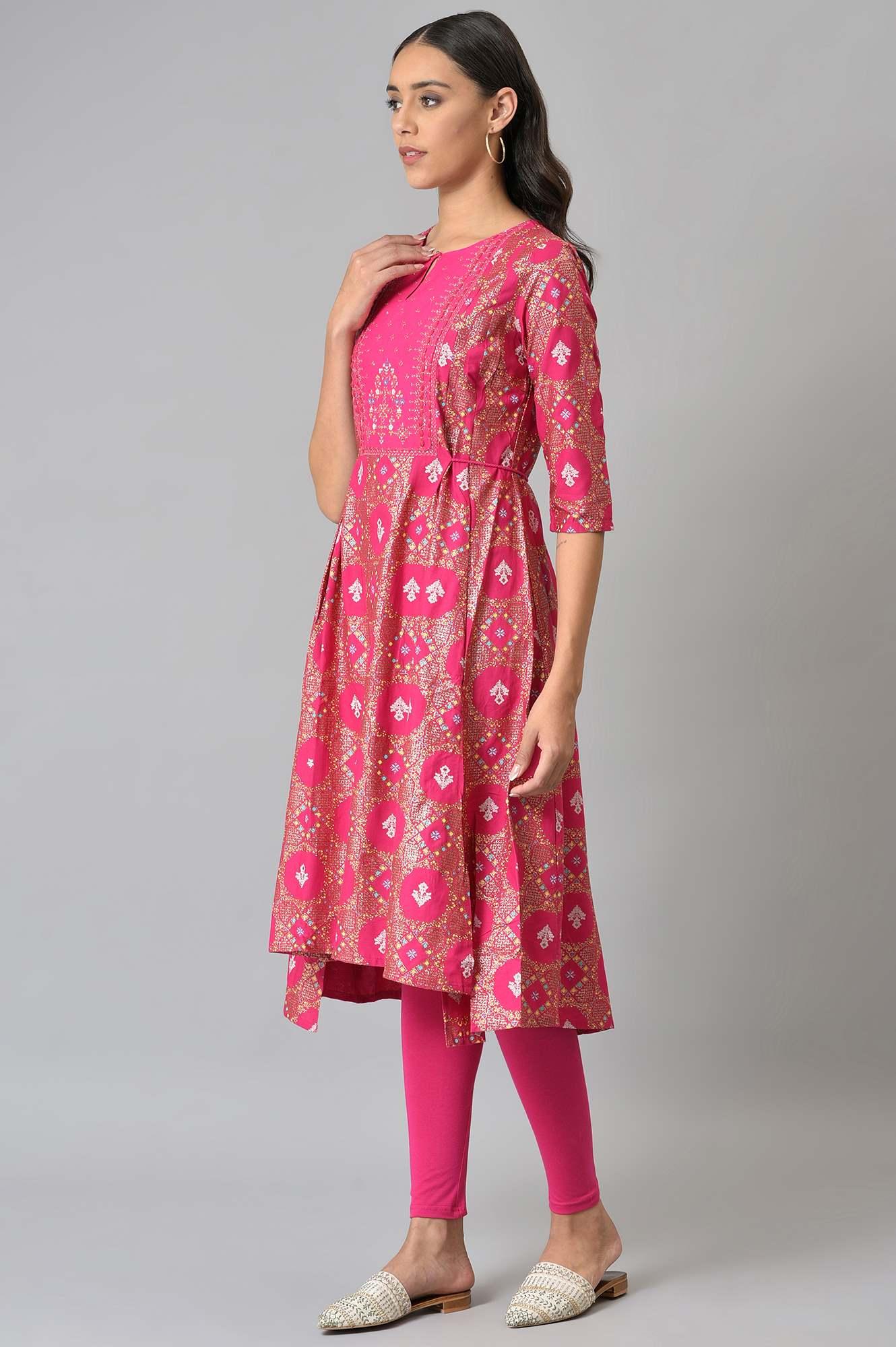 Dark Pink Printed Round Neck kurta With Tights - wforwoman