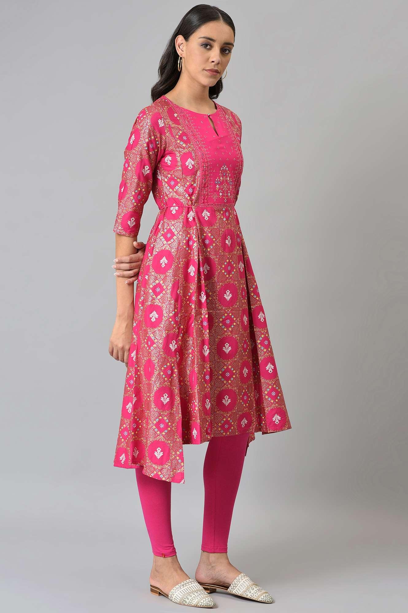 Dark Pink Printed Round Neck kurta With Tights - wforwoman