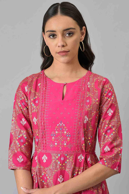 Dark Pink Printed Round Neck kurta With Tights - wforwoman