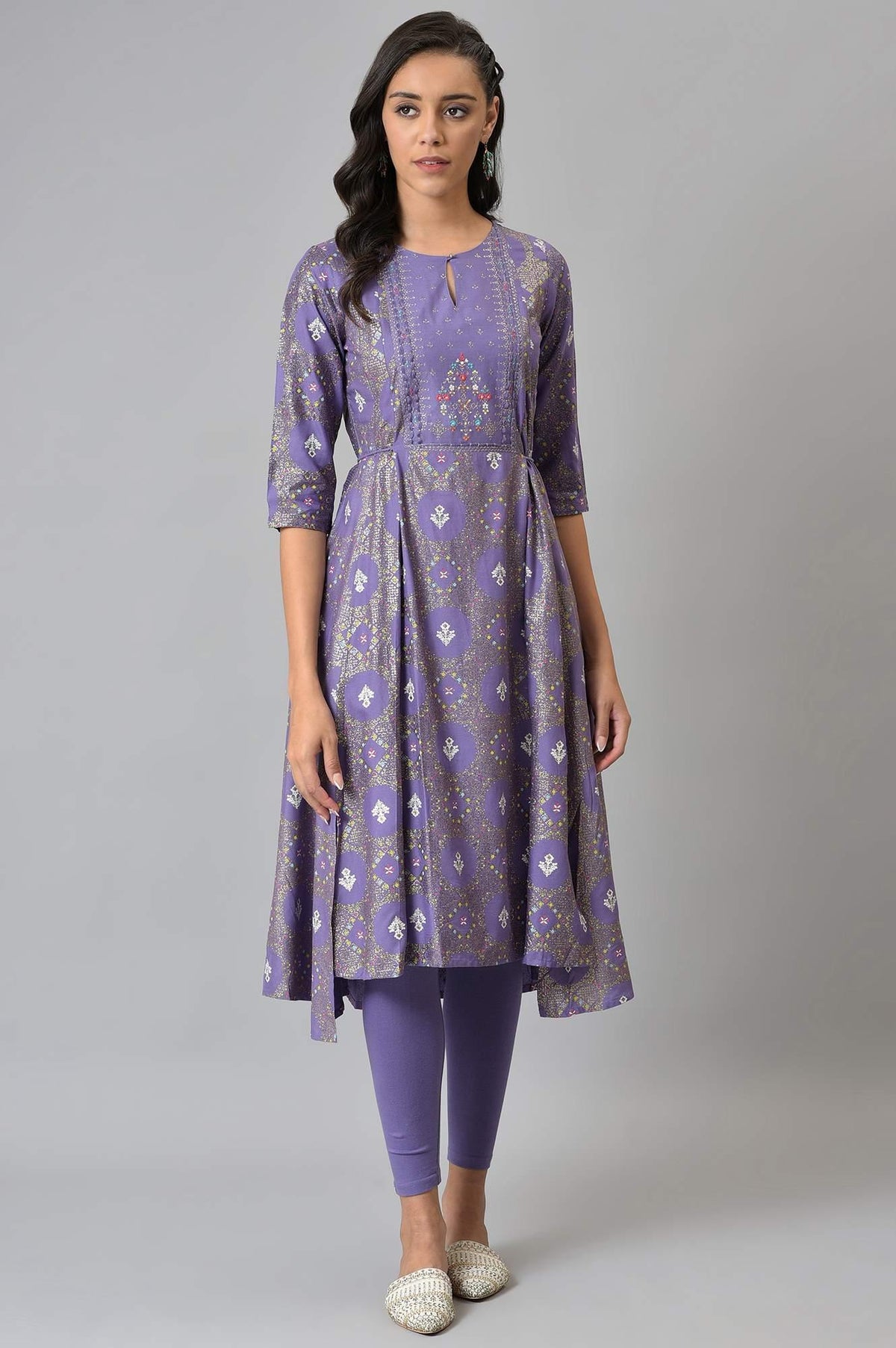 Purple Printed Round Neck kurta With Tights - XS
