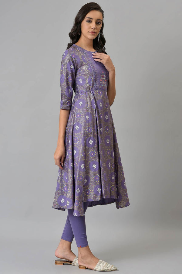 Purple Printed Round Neck kurta With Tights