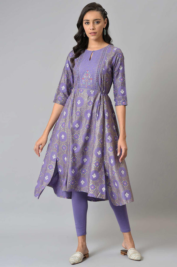 Purple Printed Round Neck kurta With Tights