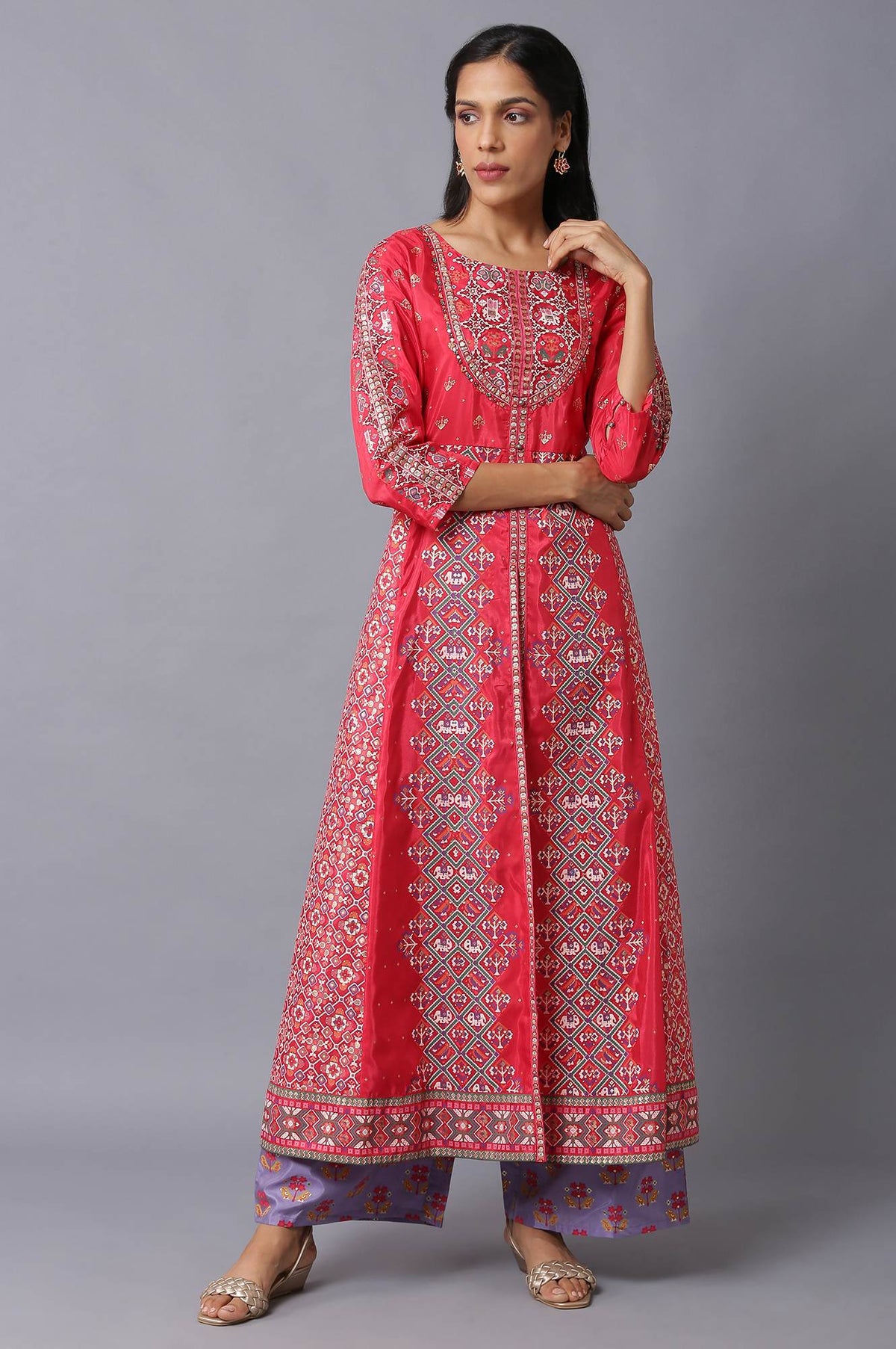 Blue Glitter Printed A-Line kurta With Slim Pants - XS
