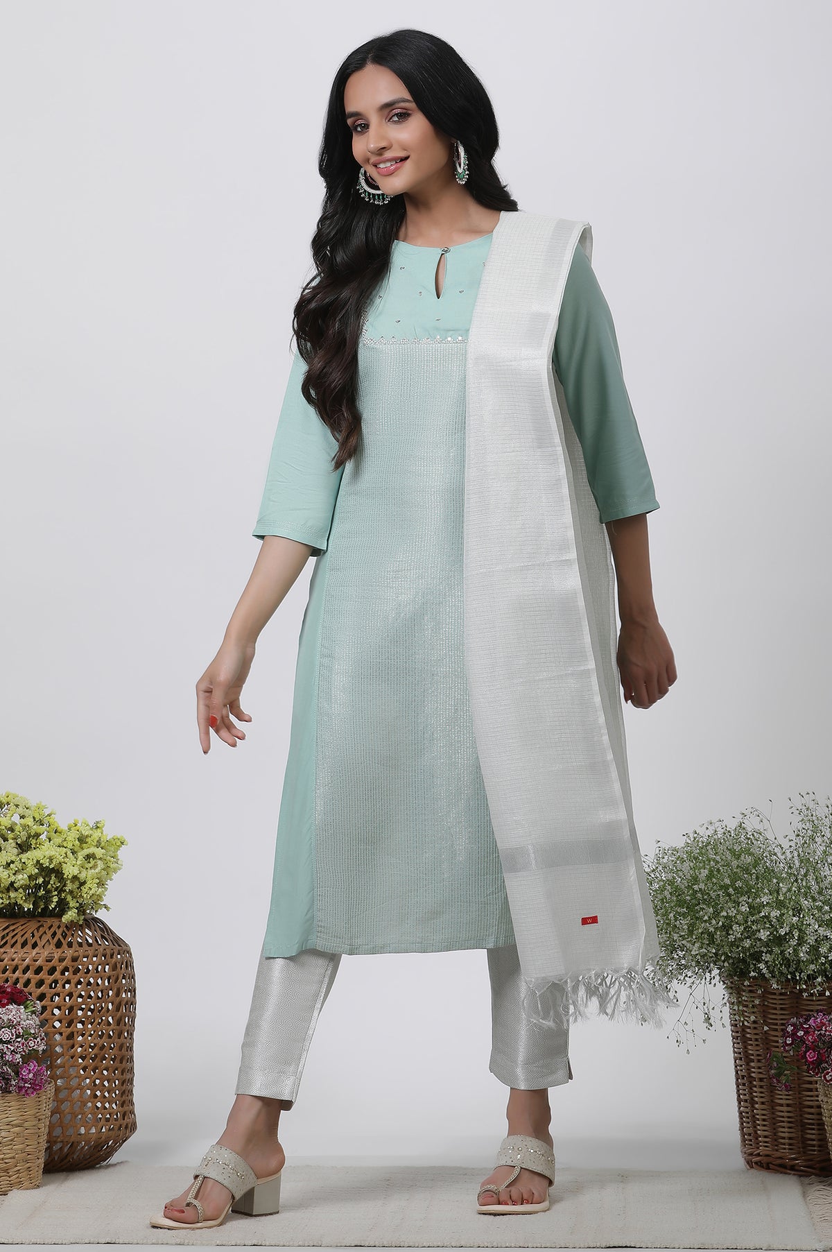 Blue Embellished Kurta, Pants And Dupatta Set - XS