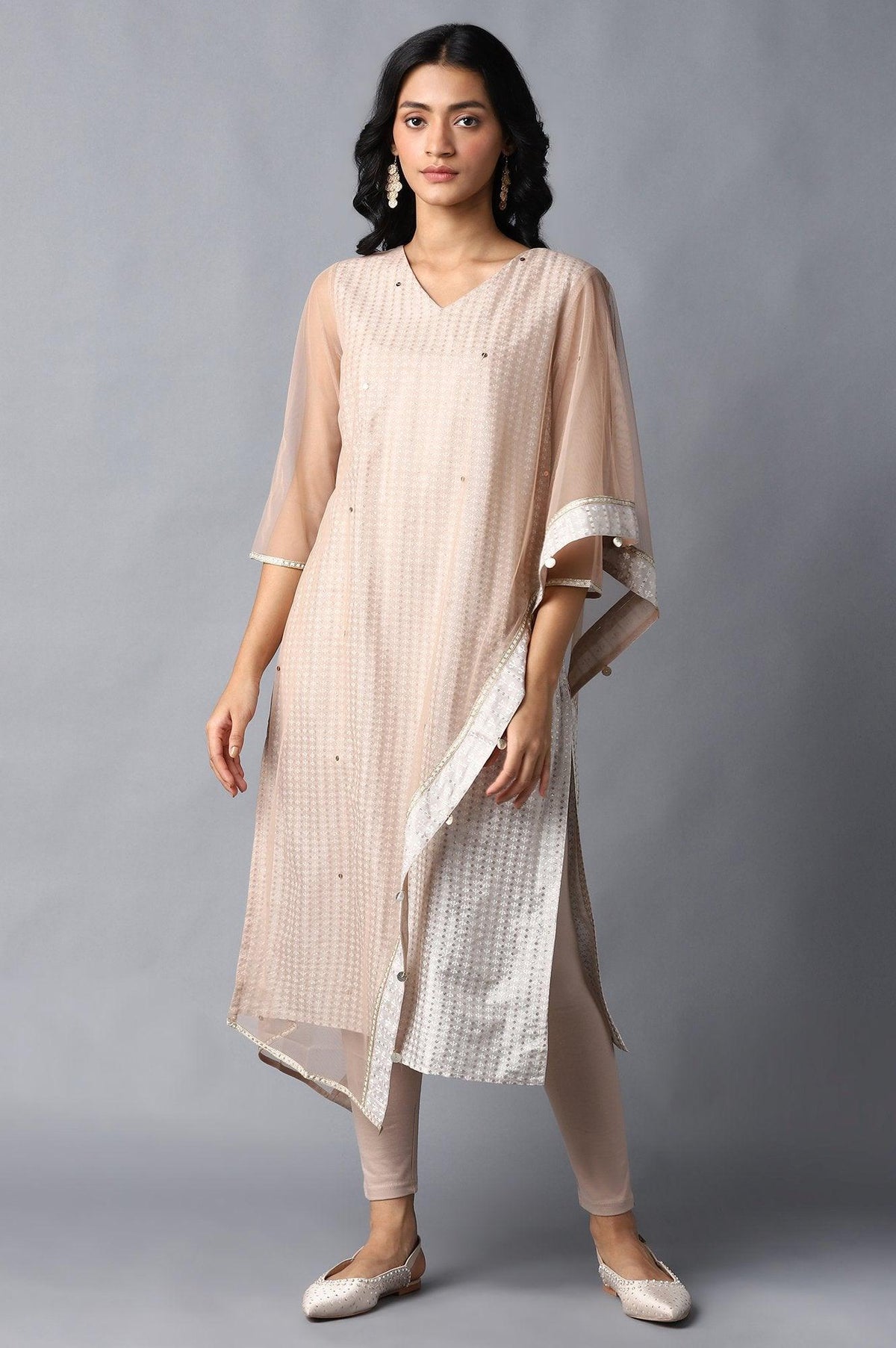 Light Grey Gotta Patti Saree kurta With Tights - XS
