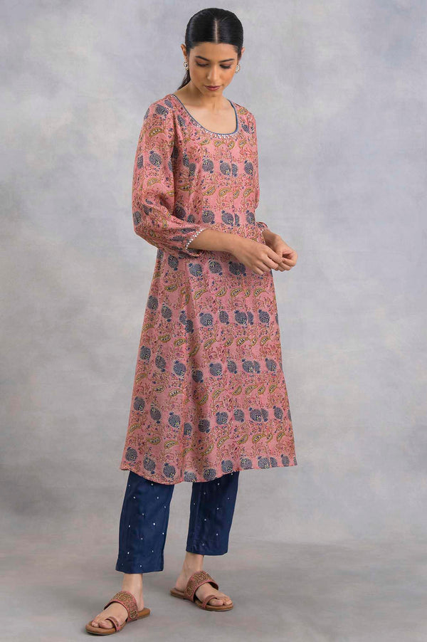 Pink Hand Block Print kurta In Lyocell