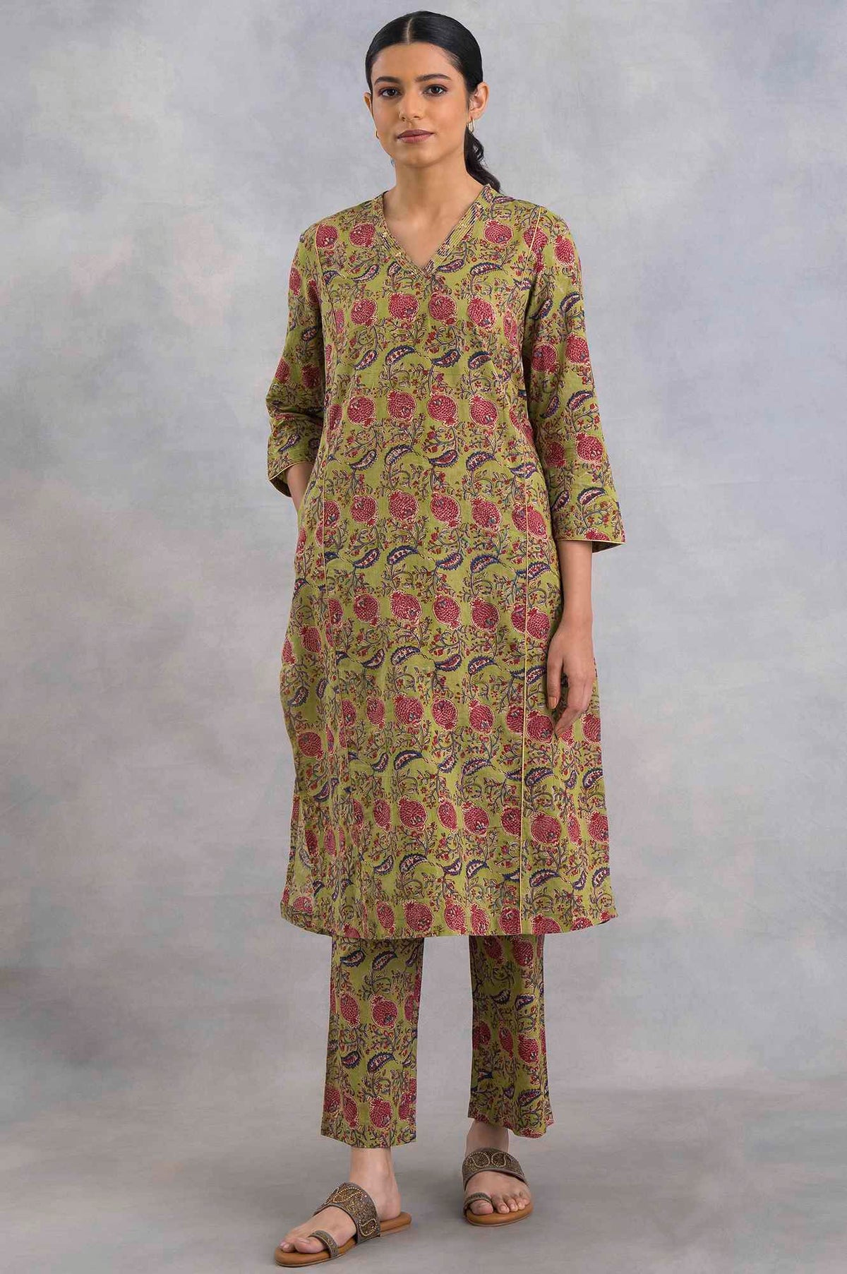 Green V-Neck Hand Block Print kurta - XS