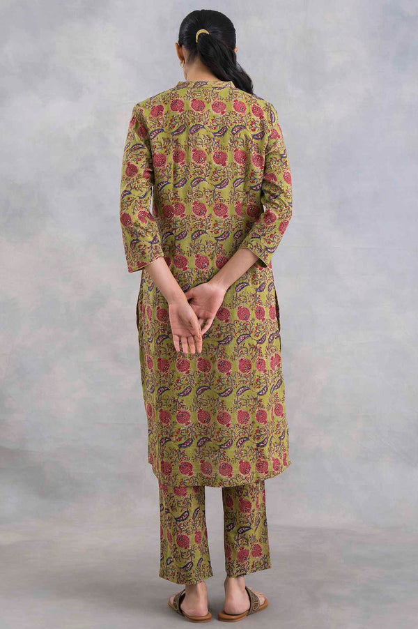 Green V-Neck Hand Block Print kurta