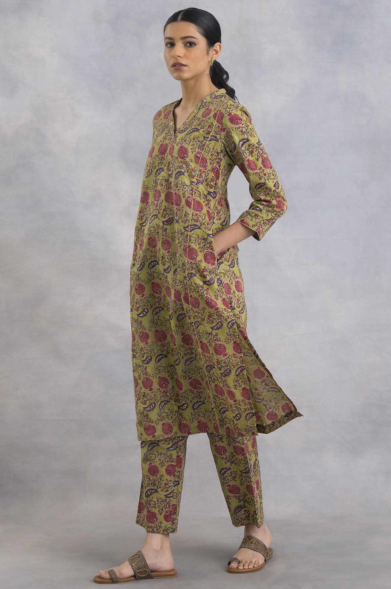 Green V-Neck Hand Block Print kurta