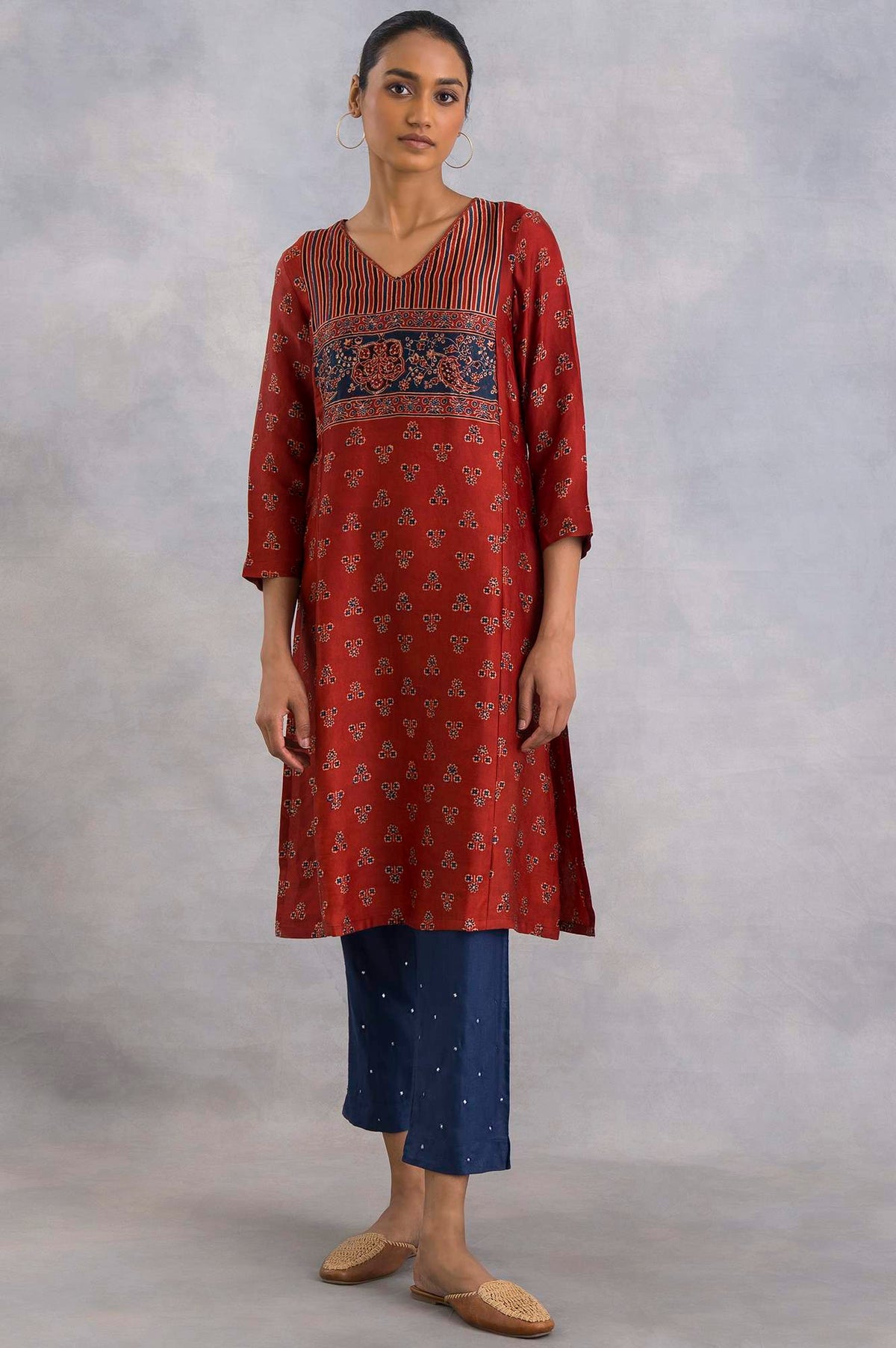 Red Ajrakh Print kurta In Fluid Satin - XS