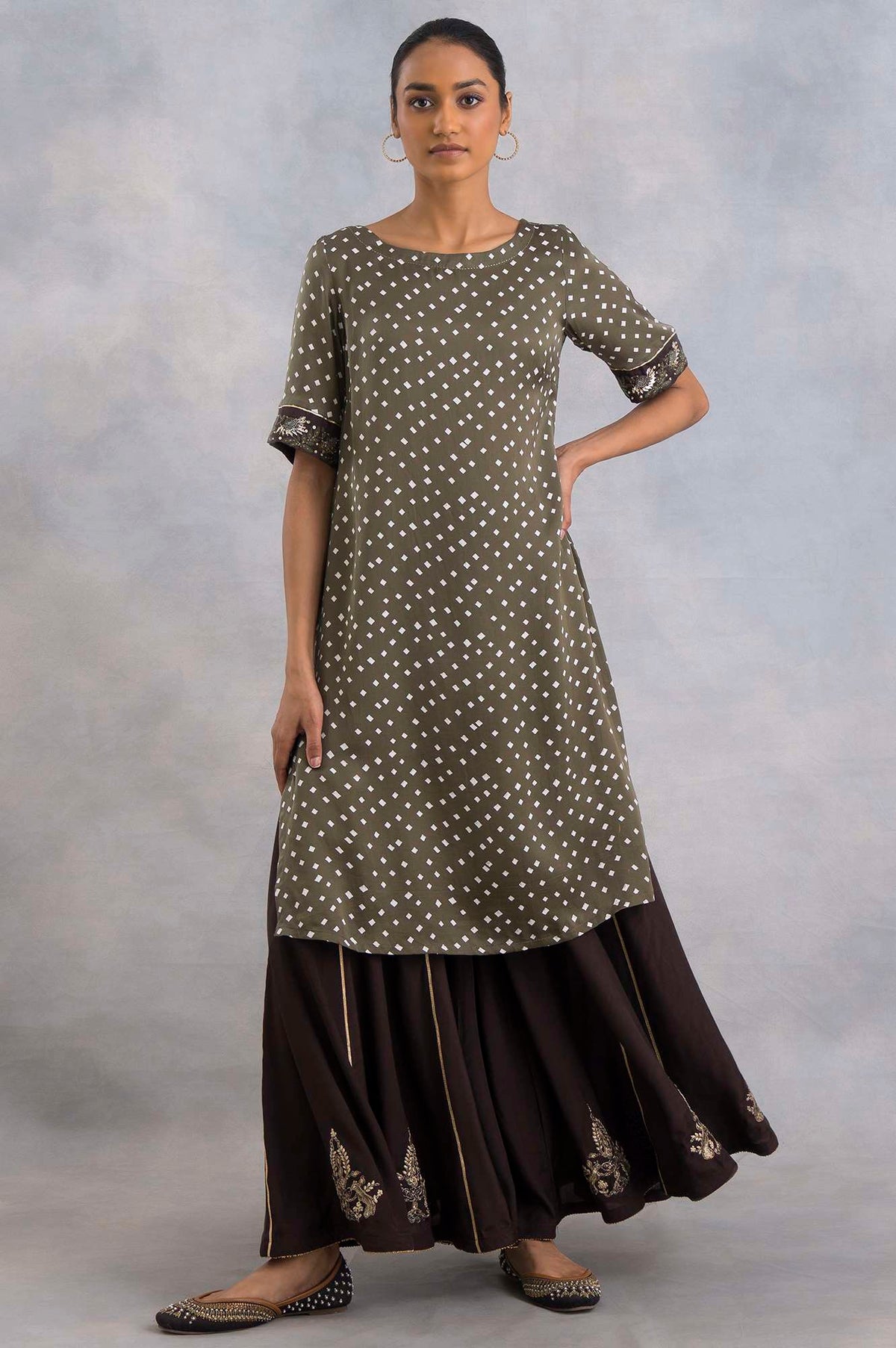 Olive Green Bandhej Print kurta - XS