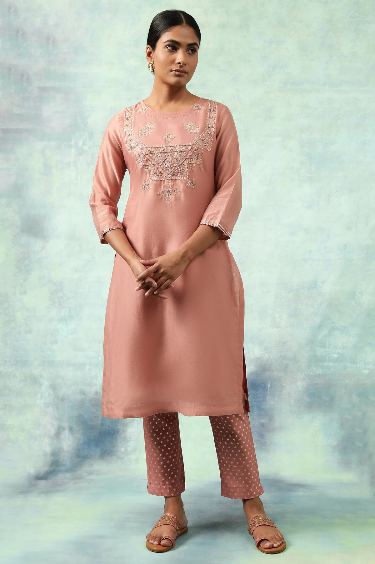 Light Pink Embroidered Cotton Silk kurta - XS
