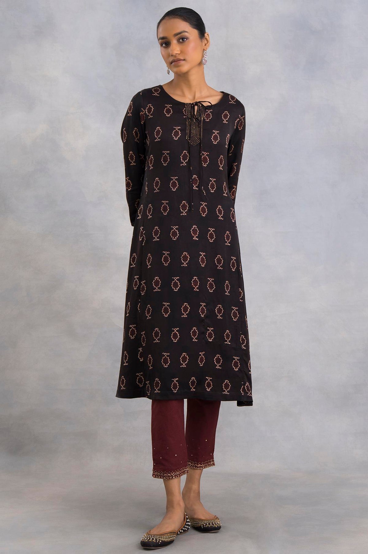 Dark Brown Ajrakh Print A-Line kurta - XS