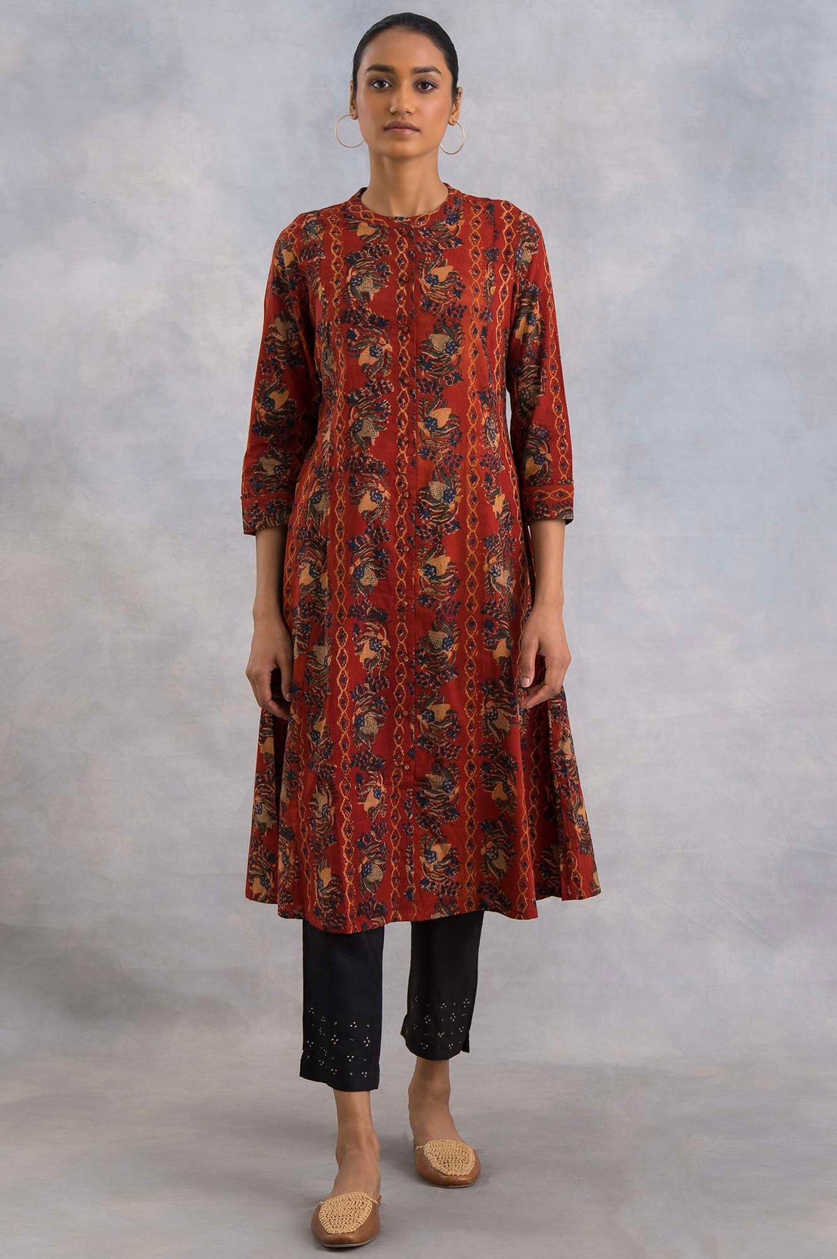 Red Hand Block Printed Cotton Shirtdress - XS