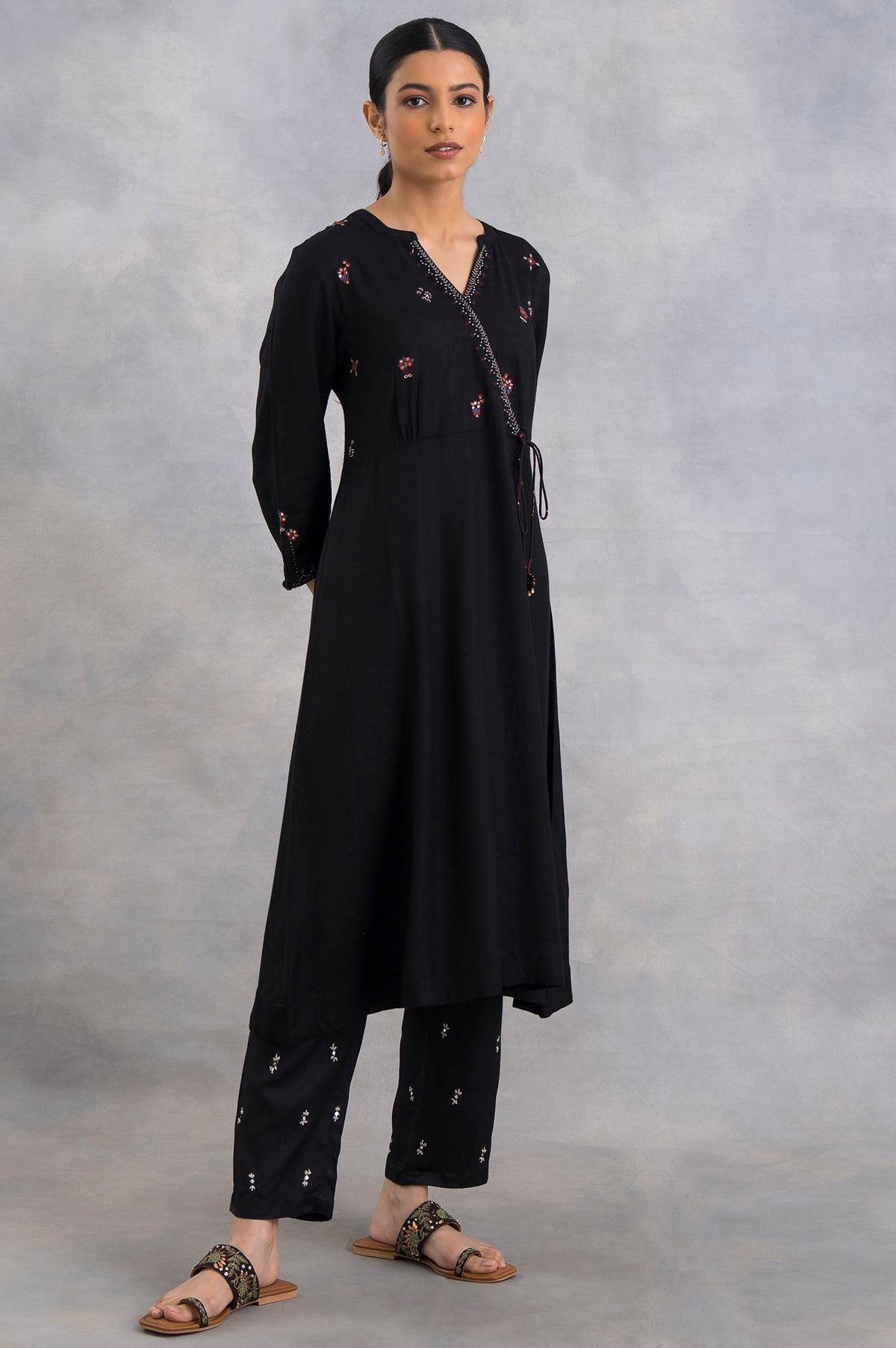 Black Angrakha Embroidered kurta - XS