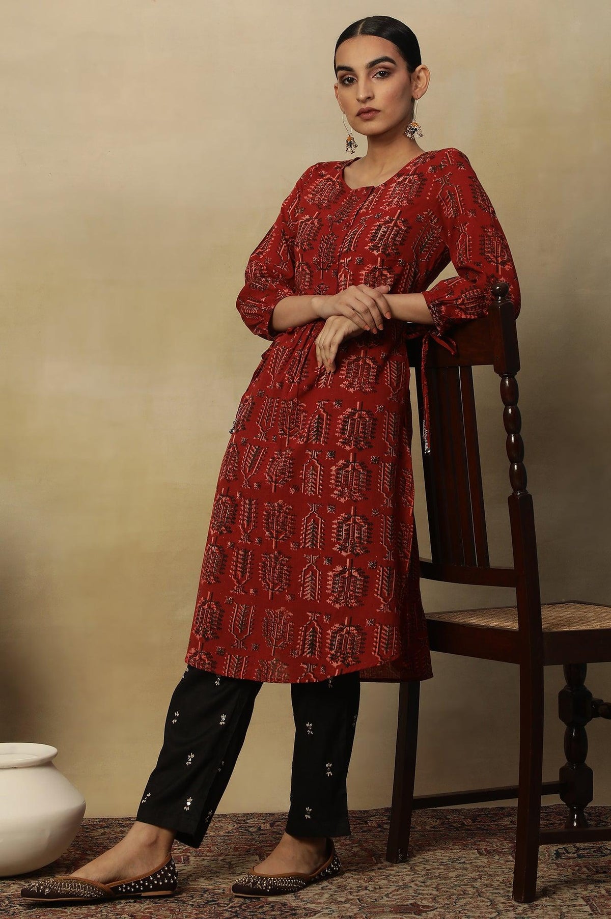 Red Hand Block Printed Slub Kurta - XS