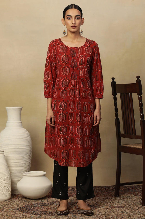 Red Hand Block Printed Slub Kurta