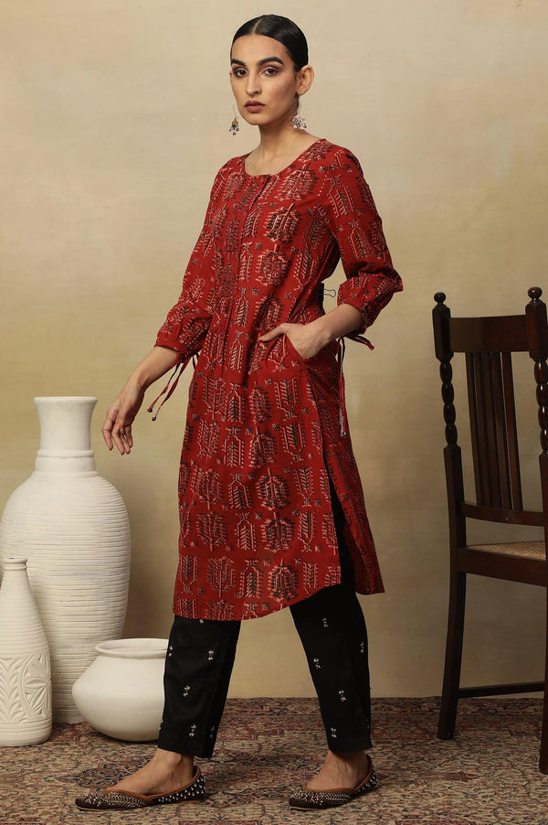 Red Hand Block Printed Slub Kurta