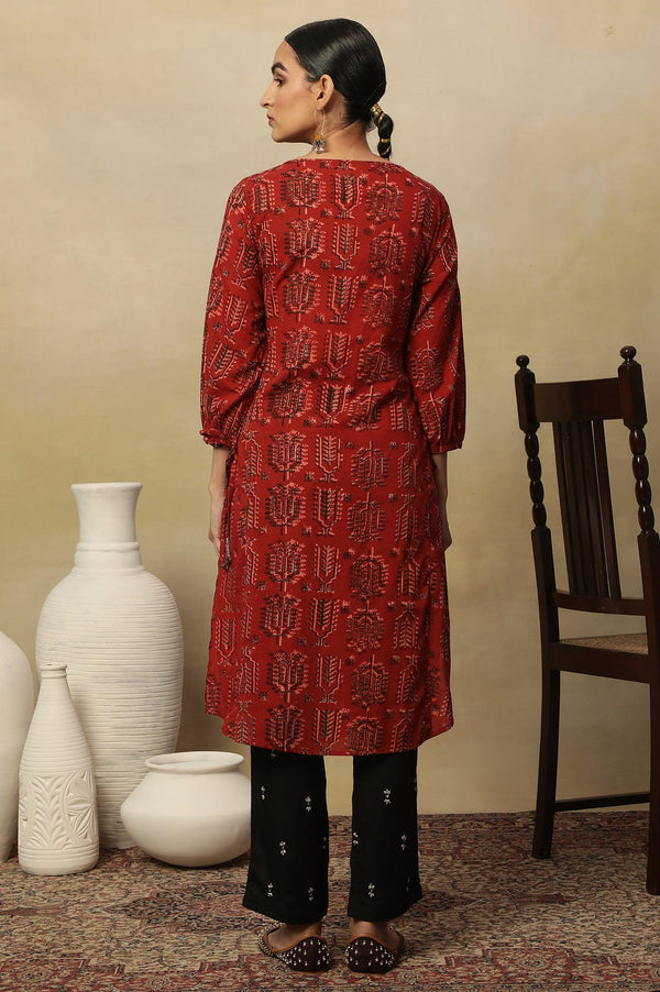 Red Hand Block Printed Slub Kurta
