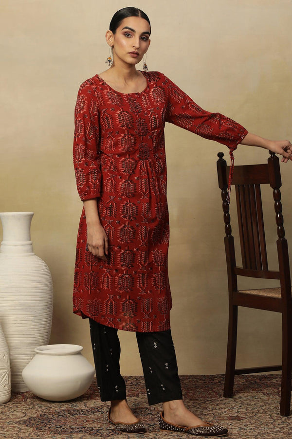 Red Hand Block Printed Slub Kurta