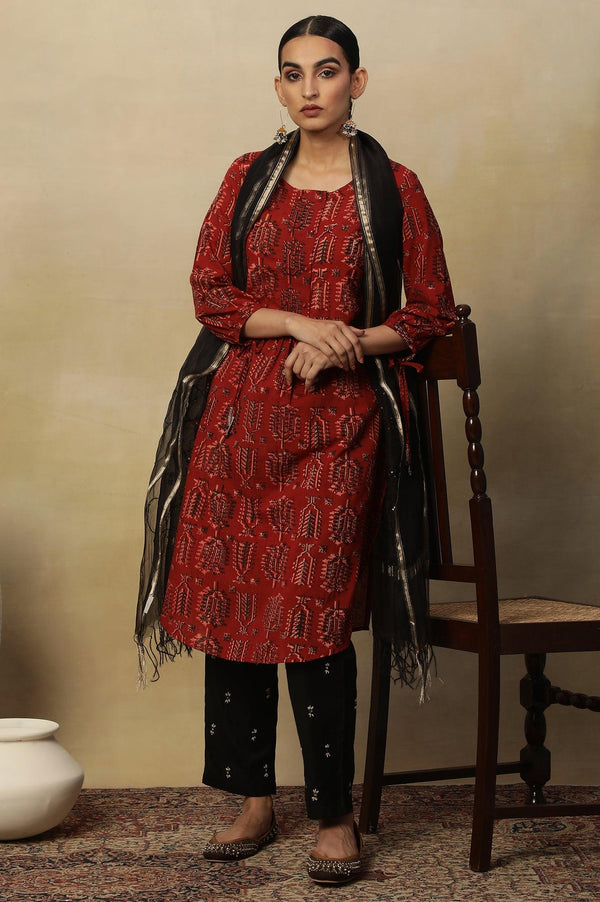 Red Hand Block Printed Slub Kurta