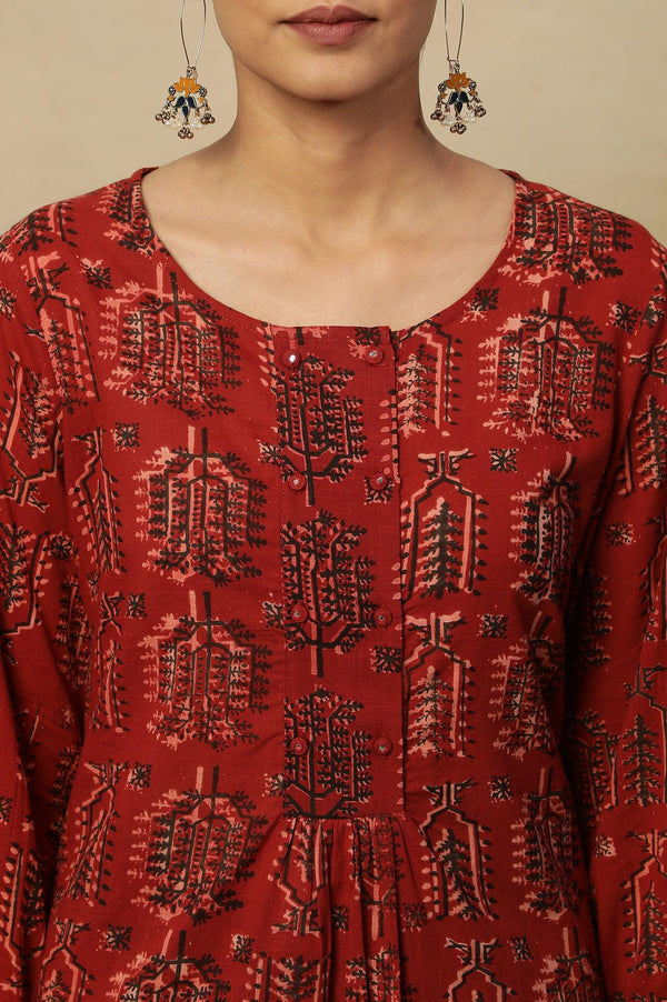 Red Hand Block Printed Slub Kurta
