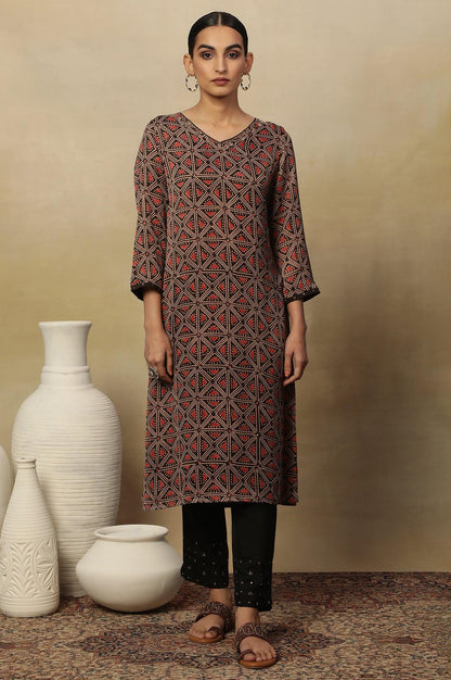 Dark Brown Lustrous Satin Printed Kurta - wforwoman