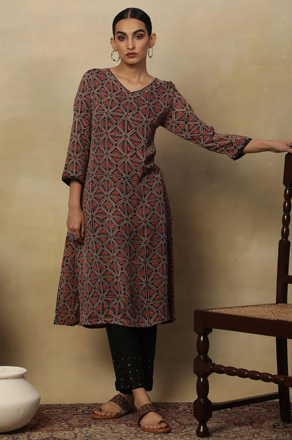 Dark Brown Lustrous Satin Printed Kurta - wforwoman