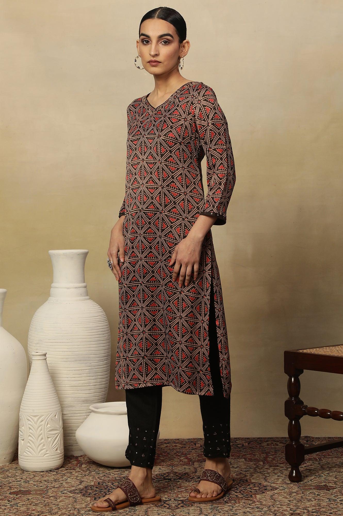 Dark Brown Lustrous Satin Printed Kurta - wforwoman