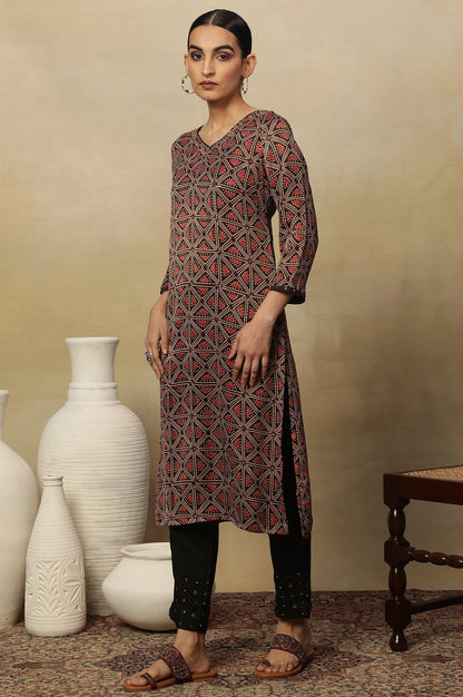 Dark Brown Lustrous Satin Printed Kurta - wforwoman
