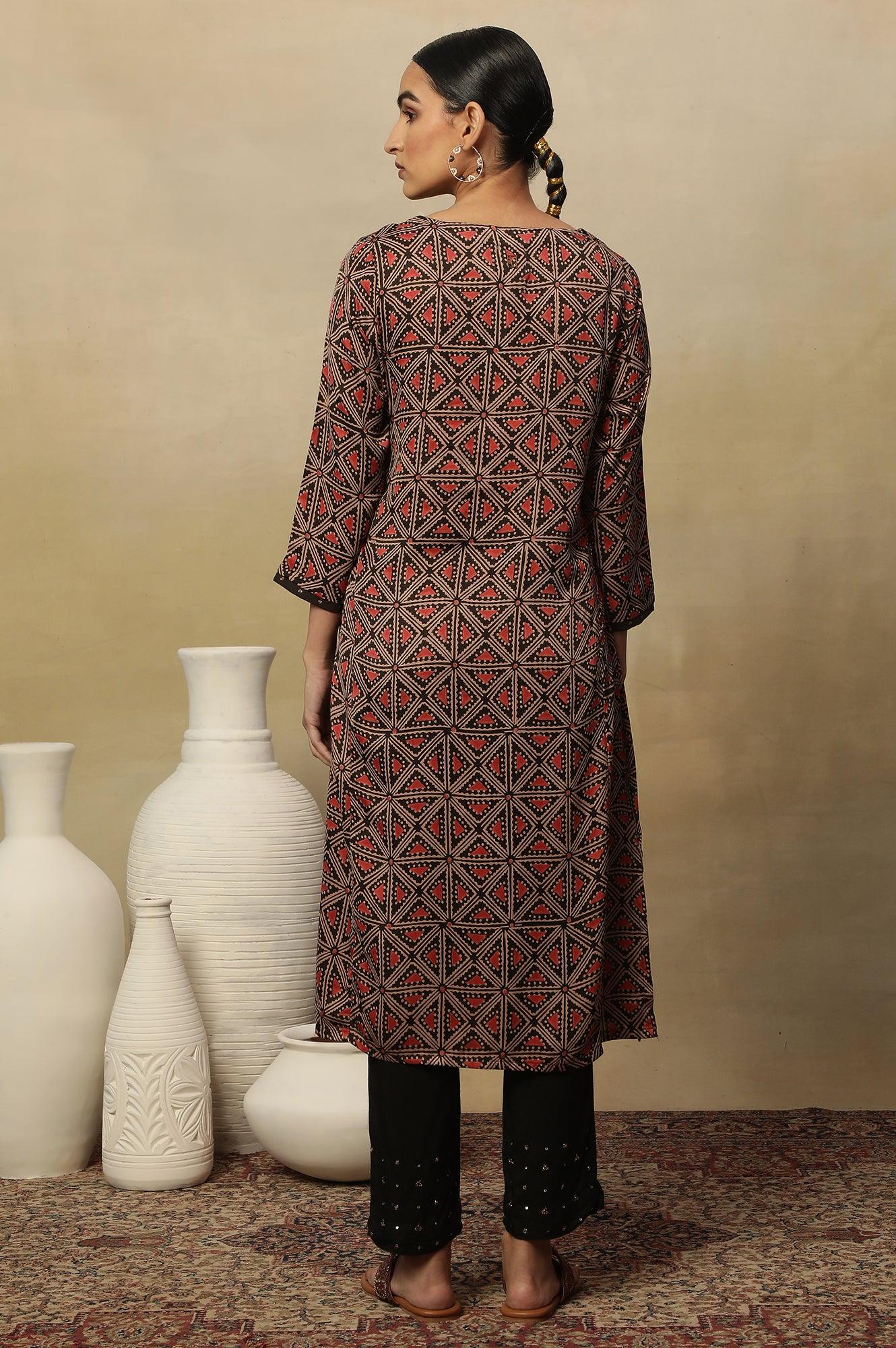 Dark Brown Lustrous Satin Printed Kurta - wforwoman