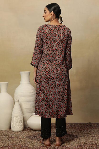 Dark Brown Lustrous Satin Printed Kurta - wforwoman