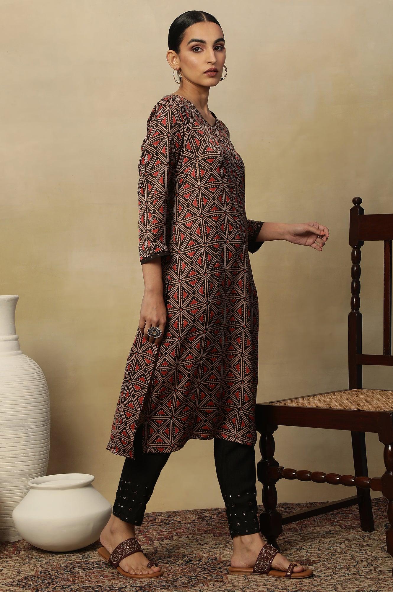 Dark Brown Lustrous Satin Printed Kurta - wforwoman