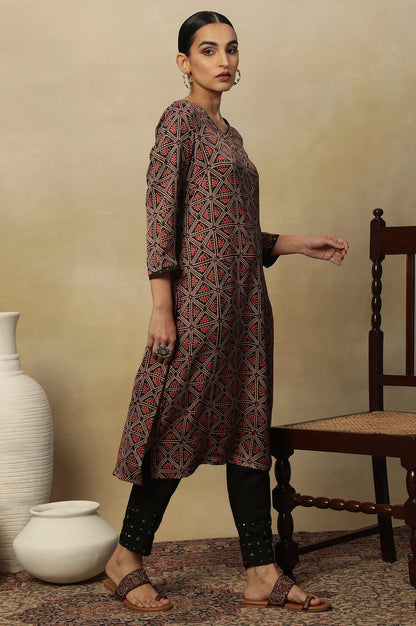 Dark Brown Lustrous Satin Printed Kurta - wforwoman