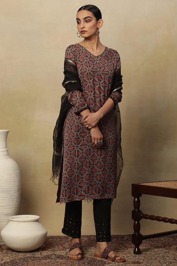 Dark Brown Lustrous Satin Printed Kurta