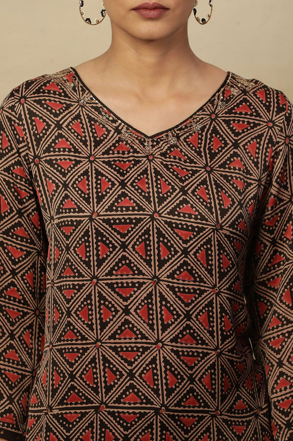 Dark Brown Lustrous Satin Printed Kurta