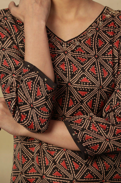 Dark Brown Lustrous Satin Printed Kurta - wforwoman