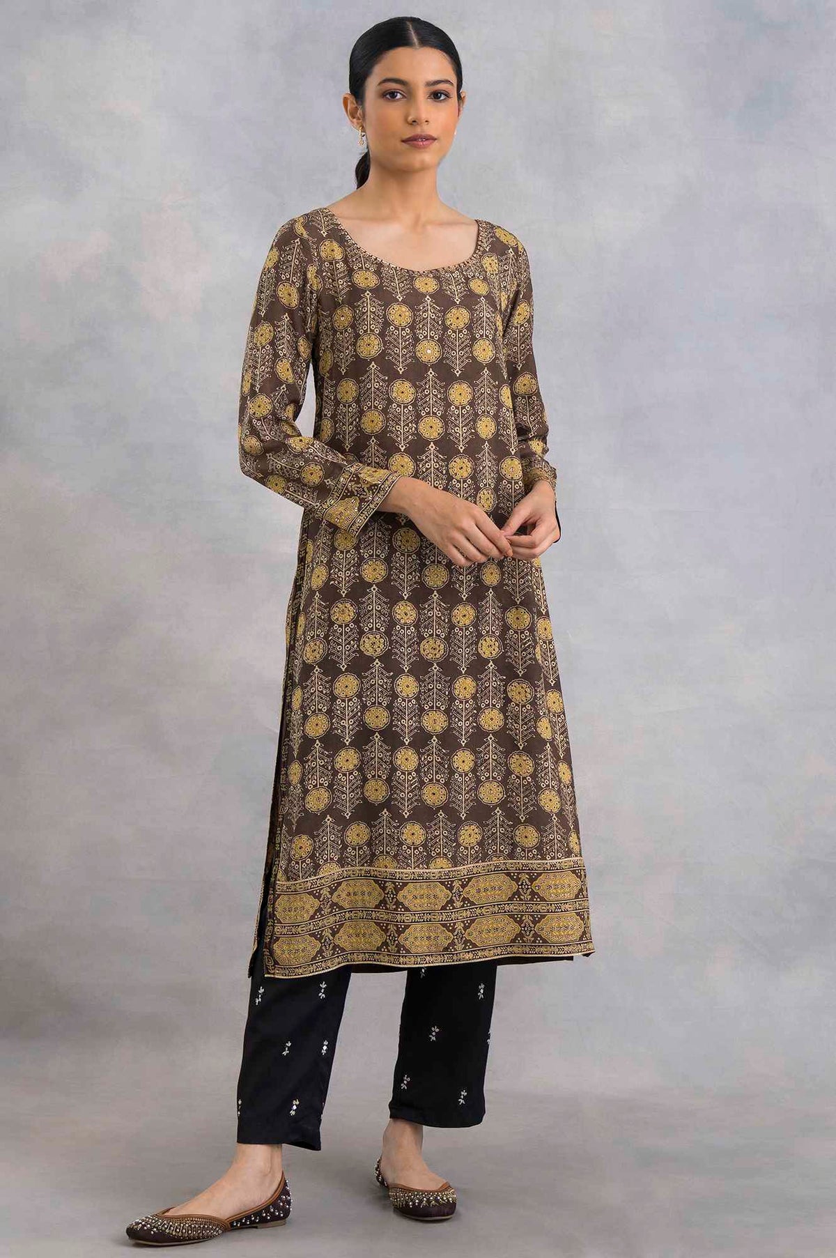 Light Taupe Ajrakh Print Satin kurta - XS